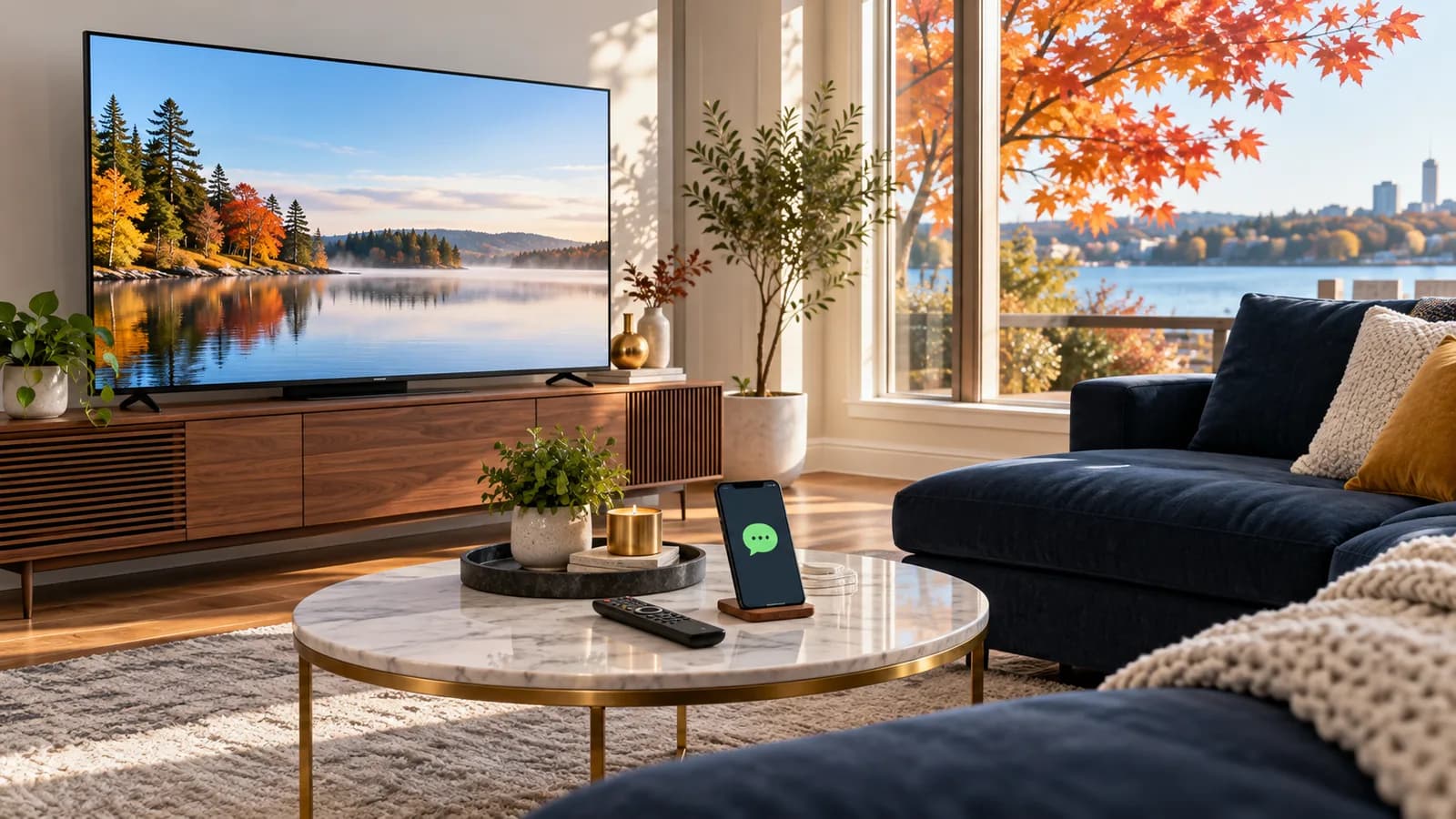 Smart television in a Canadian autumn living room with remote and support phone